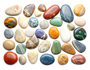 Close-up of polished, colorful stones and pebbles of various sizes and hues against black