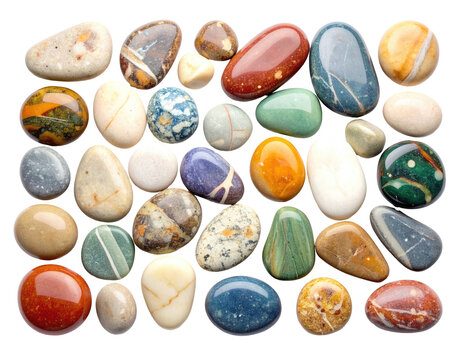 Close-up of polished, colorful stones and pebbles of various sizes and hues against black - Powered by Adobe