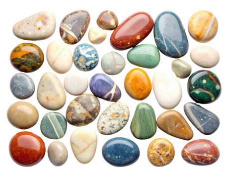 Close-up of polished, colorful stones and pebbles of various sizes and hues against black