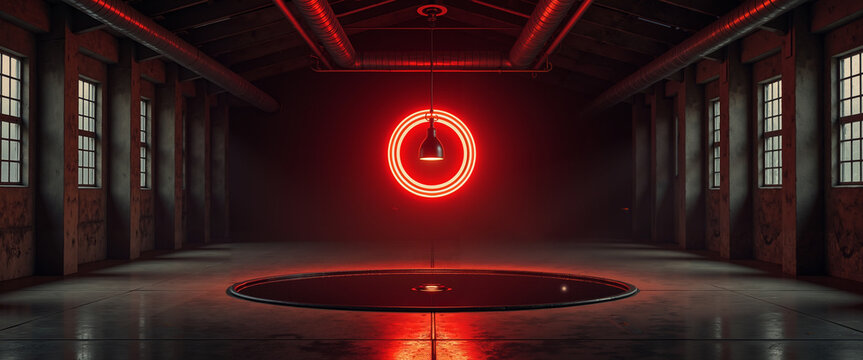 Glowing red neon circle suspended in an industrial factory interior