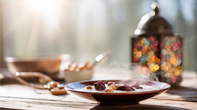 Warm Laba porridge with dates and nuts in a rustic wooden bowl.