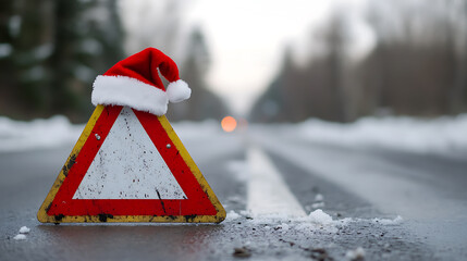 Festive caution: A triangular warning sign on a snowy road wears a Santa hat, blending holiday cheer with winter road hazards. Drive safely and spread joy this season!