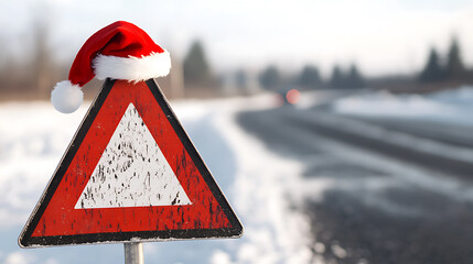Holiday Road Hazard: Drive safely this festive season! Snowy roads & a Santa hat on a caution sign reminds us to stay alert & cautious while traveling in winter conditions.