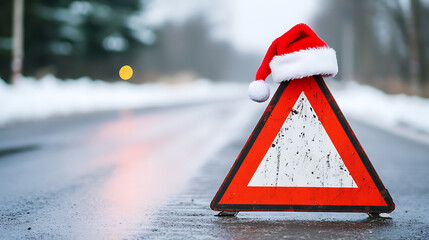 Festive Road Hazard: A triangular warning sign dons a Santa hat amidst a blurred, snowy landscape. Winter conditions meet holiday cheer in an unusual roadside scene. Stay safe this season!