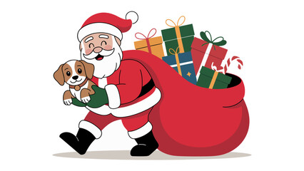 Santa's Joyful Delivery: A jovial figure, dressed in traditional attire, carries a puppy, his sack overflowing with beautifully wrapped presents, ready to spread Christmas cheer.