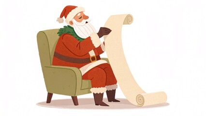 Santa Claus sitting comfortably in a cozy armchair reviewing his extensive gift list in preparation for the festive holiday season