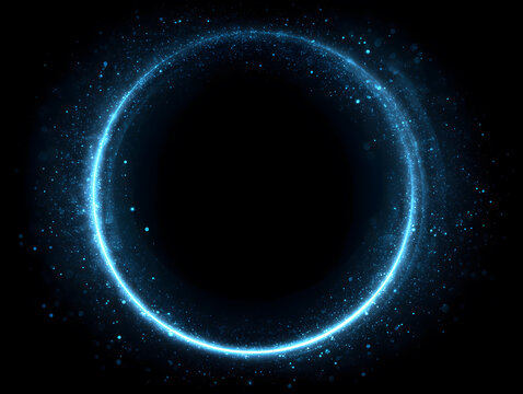 Blue energy ring glowing softly in darkness. Clean circular halo with bright sparkling particles. Frame isolated on black background. A cosmic element perfect for magical design. - Powered by Adobe