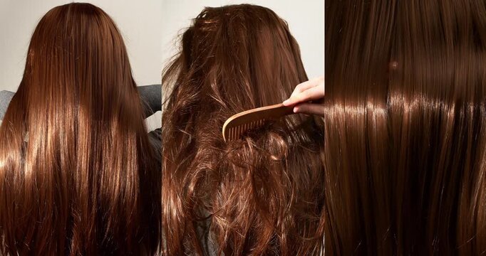 Smooth and tangled red female hair being brushed in close-up collage. Hair texture in slow motion macro shot.