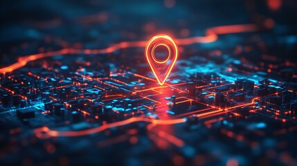 Digital map with glowing location pin and network connections