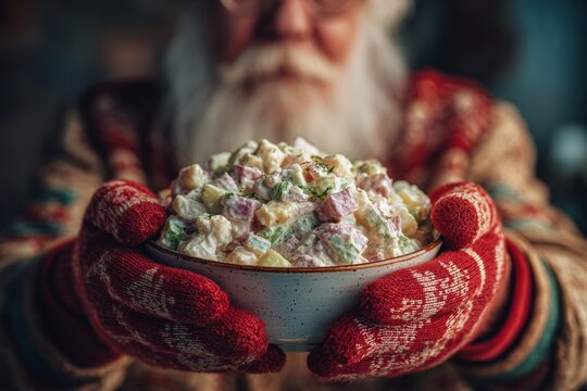 Close-up of man with long white beard holding bowl of Olivier salad. Serious expression emphasized by knitted mittens and warm sweater. Concept of food, diced, potatoes, eggs, chicken, mayonnaise.