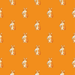 Seamless Cute Orange Cat Holding Beer Mug Pattern. Adorable Beverage and Pet Background