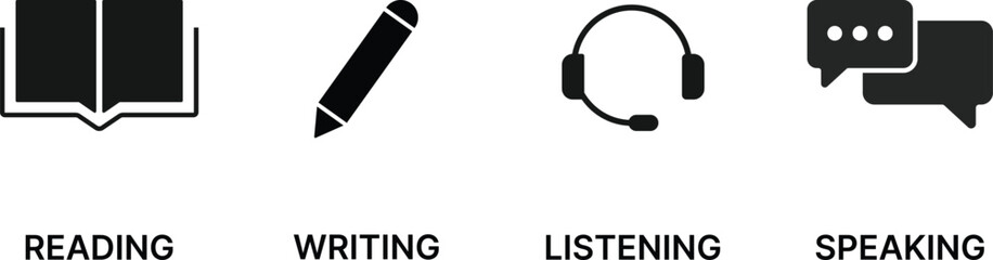Language skill icon set. Reading, Writing, Listening, Speaking icons. Language Status sign