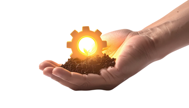 A hand, with soil, cradles a glowing gear against a black background