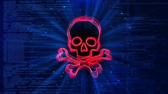 Glowing Skull With Digital Binary Background Cybersecurity Threats red skull crossbones cyber code background, online security risks, cyber threats, or hacking concepts. technology security visuals.