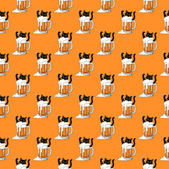 Seamless Funny Black Cat in Beer Mug Pattern. Humorous Party and Pub Background