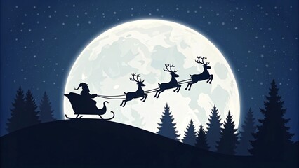 Magical Christmas Eve Santa Claus Sleigh Ride Over Snowy Hills Under a Full Moon Night Sky