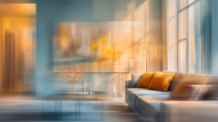 Empty open space,  living room with sofa. Motion blur, warm tones, abstract defocused background. Concept image of modern interior design..