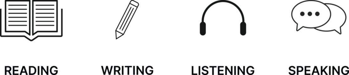 Reading, Writing, Listening, Speaking Language Skill icon Set. Language Learning symbols. Speaking & Listening, Reading & Writing Skill Status Icons
