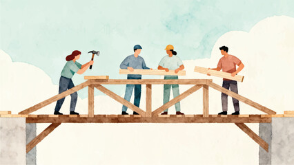 Team of Diverse Building Workers Constructing a Wooden Structure, Collaborative Construction Project
