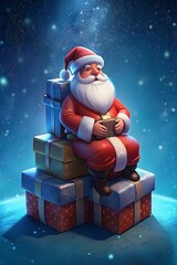 A heartwarming holiday scene featuring Santa Claus resting on a stack of festive gift boxes under a magical starry sky