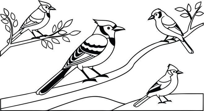 Elegant blue jay bird line art design, graceful avian illustrations perched on branches, nature inspired creative assets for artists and designers