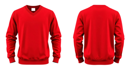 Red v-neck sweatshirt in front and back view, mockup isolated on transparent background