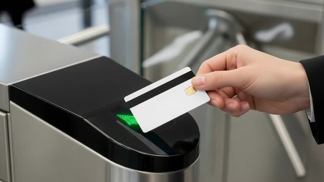 Person swiping access card at a turnstile for entry