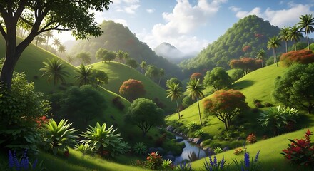 Lush Green Valley with Flowing Stream and Tropical Foliage Under a Bright Sky.