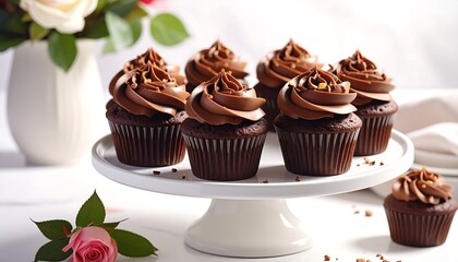 Delightful chocolate cupcakes on a white pedestal, garnished with golden sprinkles. Fresh roses in background. One cupcake set apart