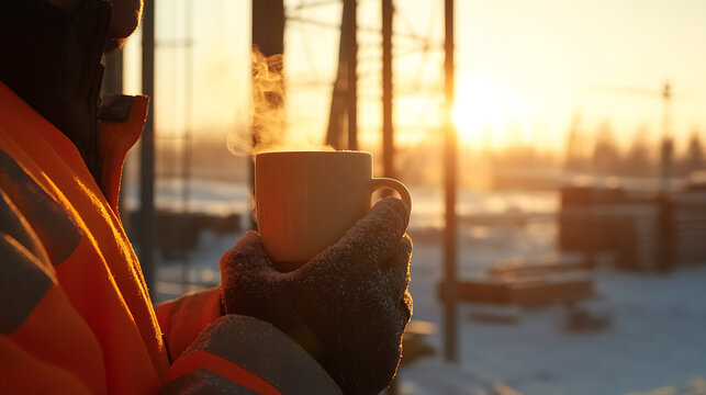 A construction worker enjoys a steaming mug against a sunrise backdrop. The cozy drink contrasts with the chilly air, a moment of peace amidst the project's dawn.
