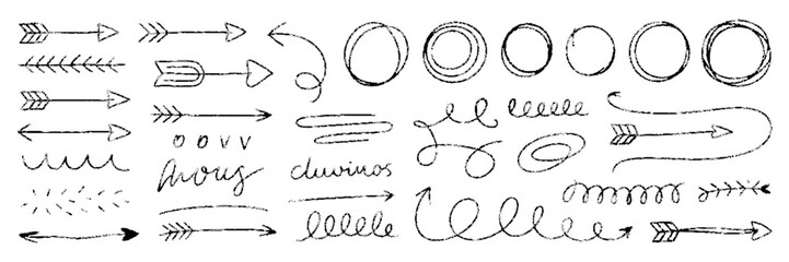 Line brush heart vector set. Hand drawn sketch doodle style arrow, circle, line marker stroke pencil highlight. Doodle cute ink pen line elements isolated on white background. 