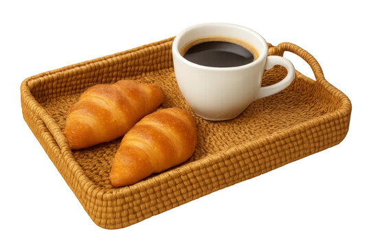 Coffee cup and croissants on wicker tray, breakfast concept