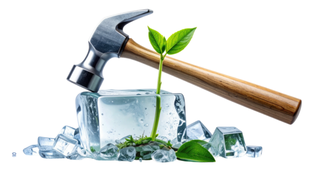 A hammer striking a block of ice with a vibrant green seedling growing inside, surrounded by ice cubes