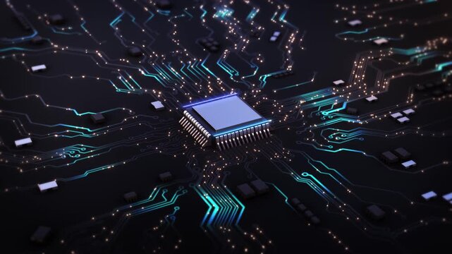 Advanced AI microchip embedded intricate blue circuit board, artificial intelligence, futuristic computing, digital innovation. Big data transmission connection background cutting edge computing 3D