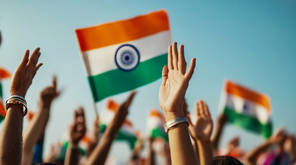 Celebrating unity and patriotism: a crowd raising hands, waving national tricolors, symbolizing pride and shared identity on a clear sky backdrop. A vibrant display.