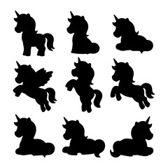 Various unicorn silhouettes showcasing different poses and styles for creative projects and designs