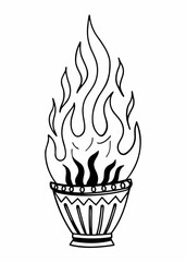 Minimilist illustration of a decorative bowl with flames emanating upwards in a black and white drawing style vector