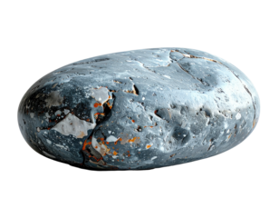 A close-up of a smooth, weathered stone with unique textures against a black background