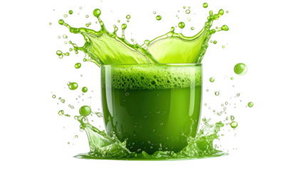 Glass of vibrant green liquid with splashes and bubbles on a black background