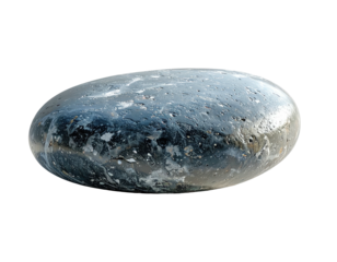 A close-up view of a smooth, rounded stone with glossy surface and subtle color variation