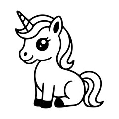 Cute cartoon unicorn with a horn, sitting and smiling, ideal for children s illustrations and designs
