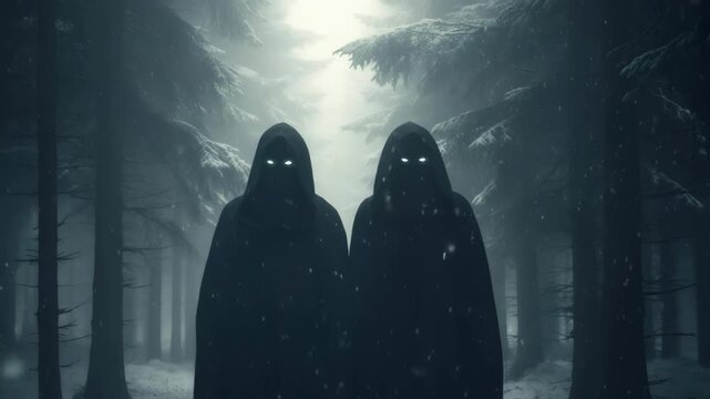 Two dark hooded figures with glowing eyes standing in a snowy forest path, a pagan Yule ritual concept