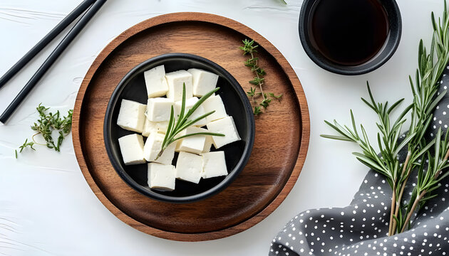 Bowl with pieces of tasty tofu cheese on white background