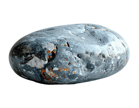 A close-up of a smooth, weathered stone with unique textures against a black background