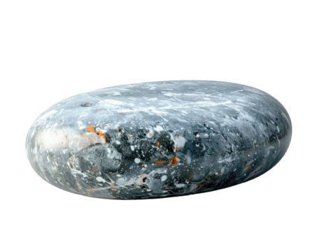 Close-up of smooth, oval stone with gray, white, and orange speckles