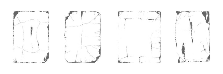 Set of old white empty aged damaged paper cardboard photo card. Torn and crumpled pattern for poster or vinyl album cover. lack stippled folded paper texture. Rough dotted crumpled filter background.