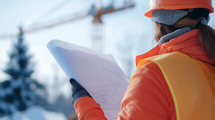 A construction worker reviews plans on a winter construction site. She's wearing an orange safety vest and hard hat, with a construction crane visible in the background.