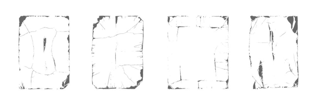 Set of old white empty aged damaged paper cardboard photo card. Torn and crumpled pattern for poster or vinyl album cover. lack stippled folded paper texture. Rough dotted crumpled filter background.
