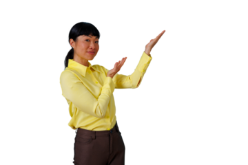 Asian executive woman presenting and gesturing information to copy space for marketing announcement on transparent background