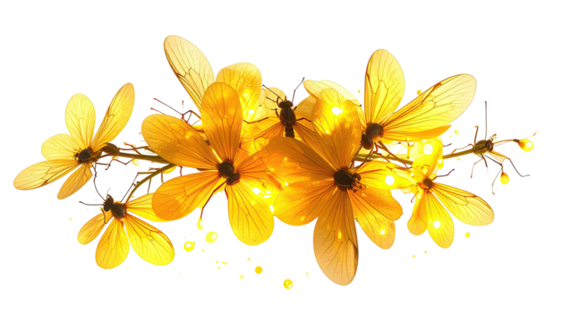 Close-up of delicate yellow butterflies, clustered with intricate details, against a dark backdrop